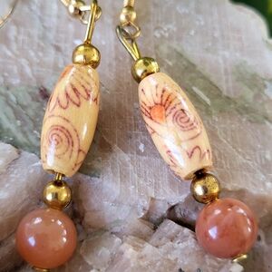Artisan Blush Quartz Stone and Tan Wood Decorated Beaded Earrings